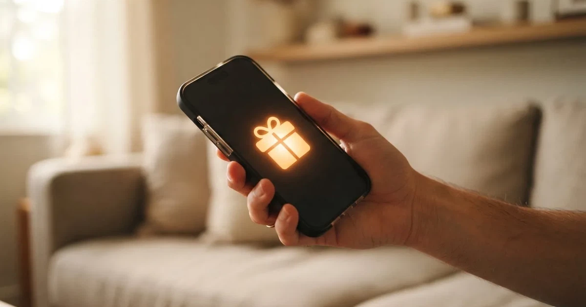 A gift box icon glowing on a phone screen, held at arm's length, suggesting an unopened offer rather than an active game.