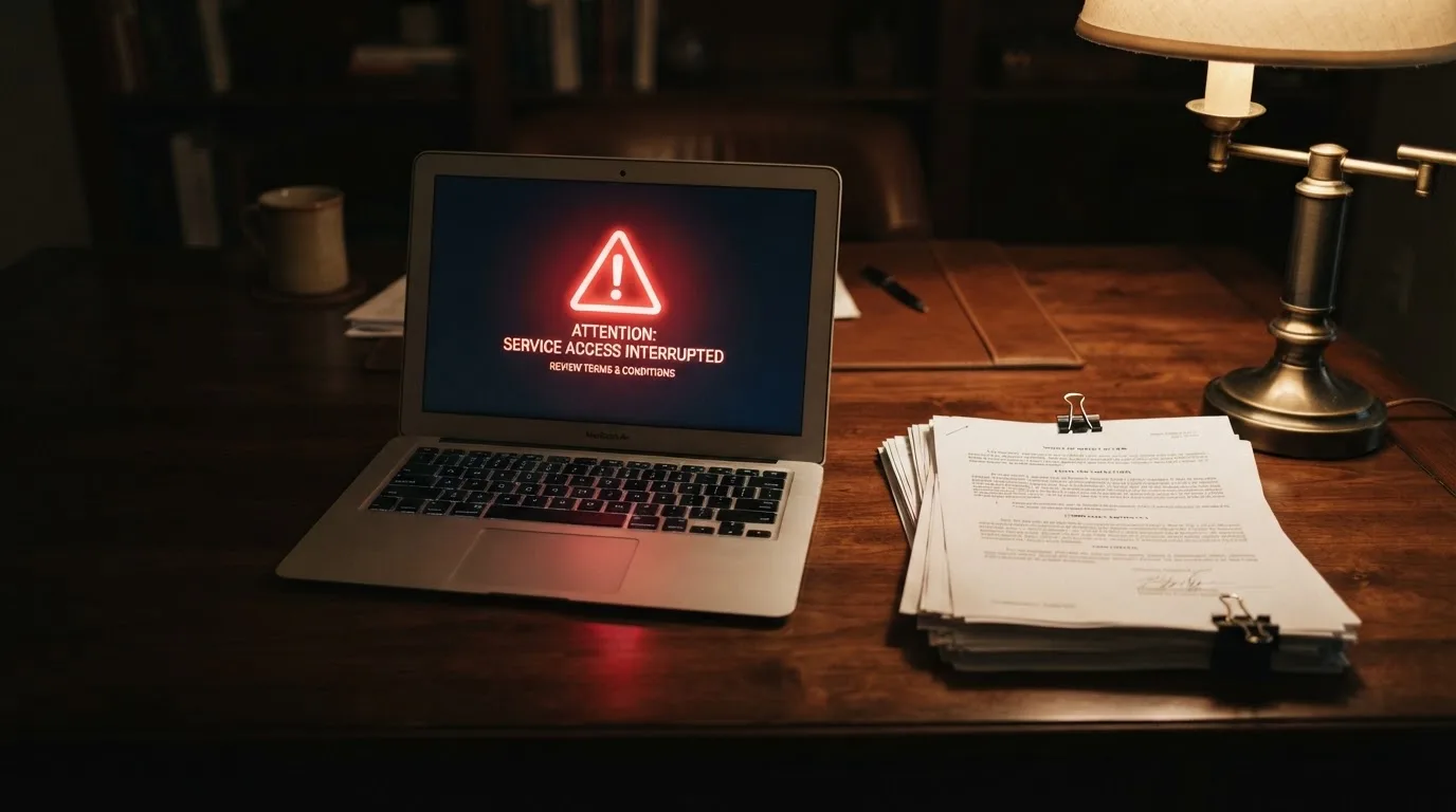 A red triangular warning sign icon on a laptop screen next to a stack of legal papers, symbolising an official caution rather than any specific website.