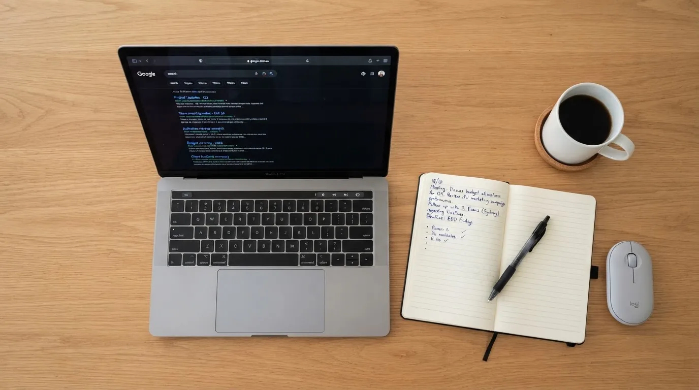A tidy desk with a laptop open on a plain search-results page, a notebook and a coffee cup beside it, no screens showing any casino branding.