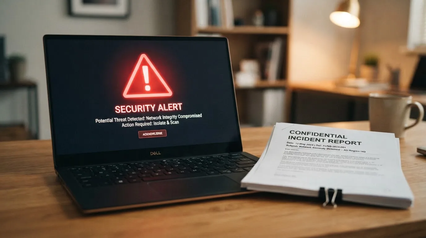 A red triangular warning sign icon on a laptop screen next to a stack of legal papers, symbolising an official caution rather than any specific website.