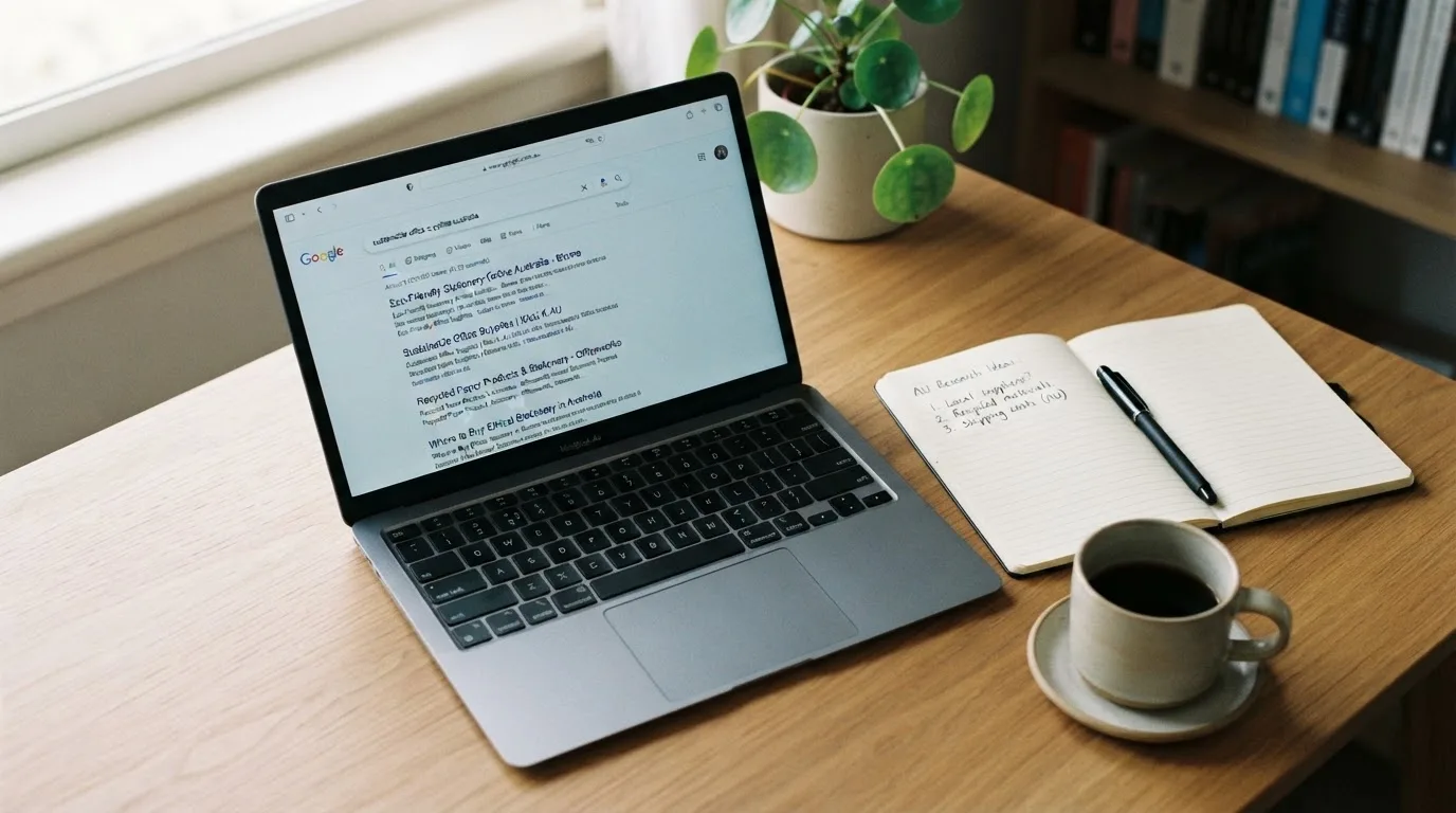 A tidy desk with a laptop open on a plain search-results page, a notebook and a coffee cup beside it, no screens showing any casino branding.