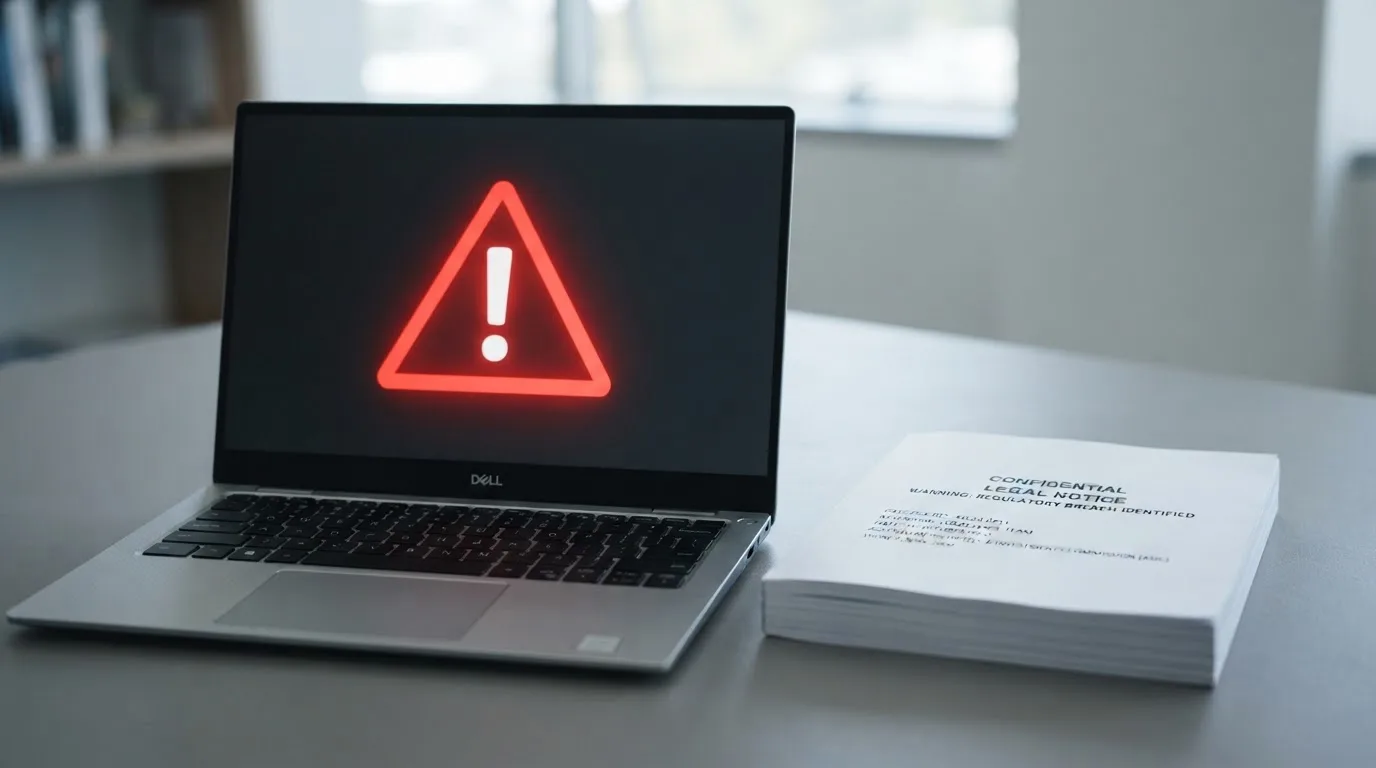 A red triangular warning sign icon on a laptop screen next to a stack of legal papers, symbolising an official caution rather than any specific website.