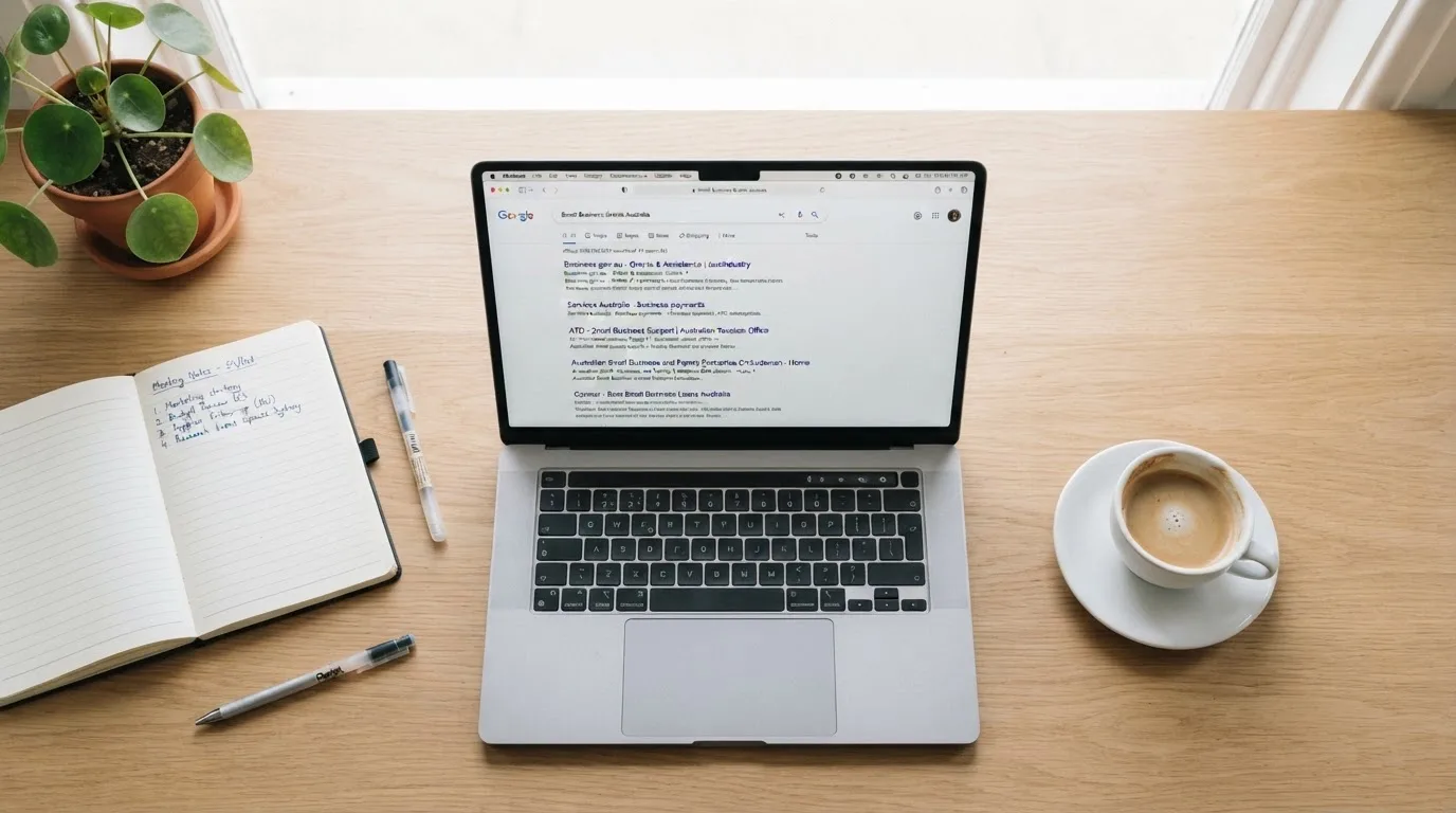 A tidy desk with a laptop open on a plain search-results page, a notebook and a coffee cup beside it, no screens showing any casino branding.
