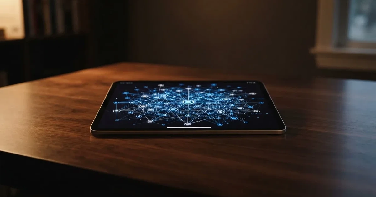 A network of glowing connected nodes displayed on a tablet screen, representing a distributed ledger diagram.
