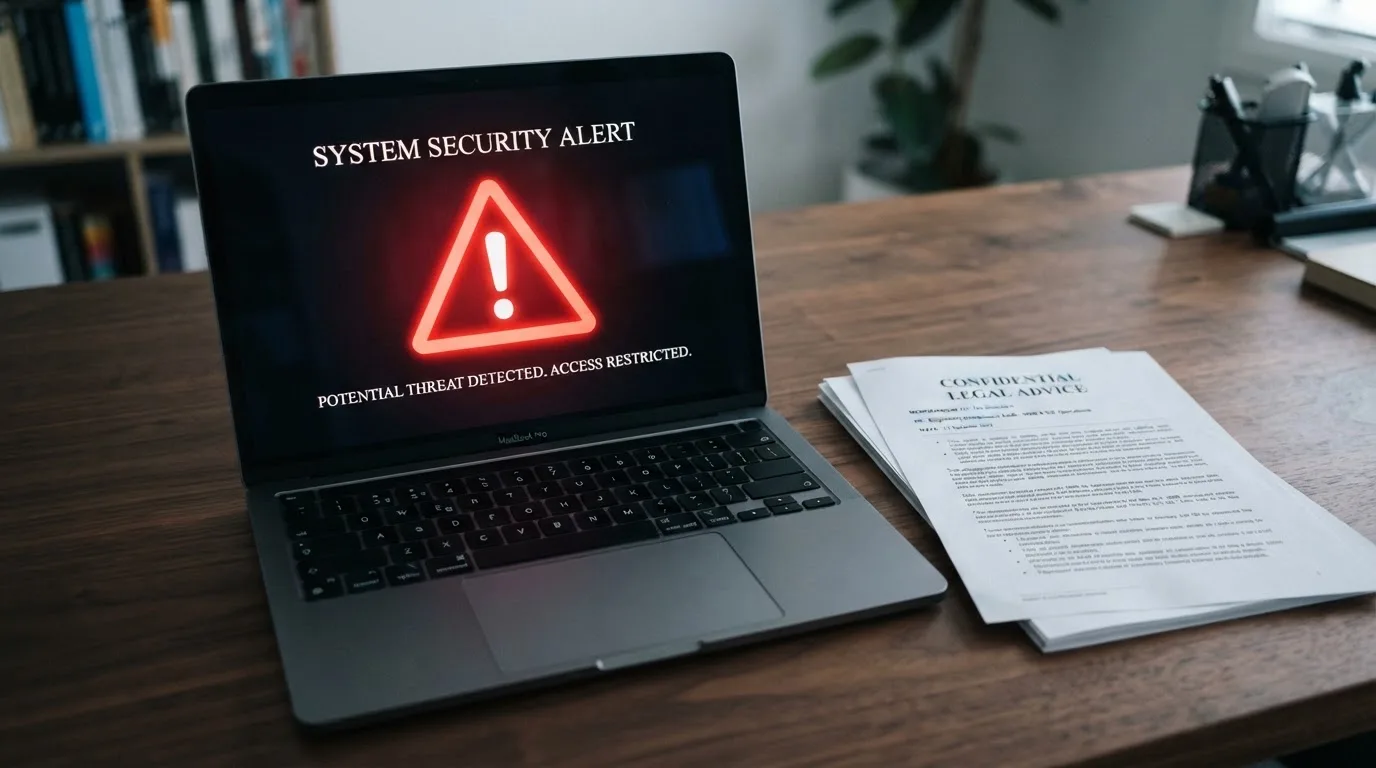 A red triangular warning sign icon on a laptop screen next to a stack of legal papers, symbolising an official caution rather than any specific website.