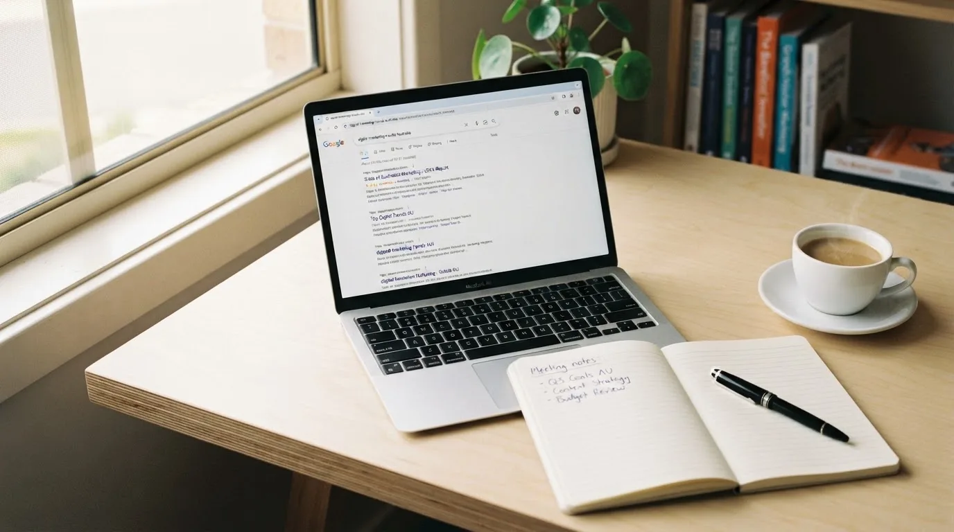 A tidy desk with a laptop open on a plain search-results page, a notebook and a coffee cup beside it, no screens showing any casino branding.
