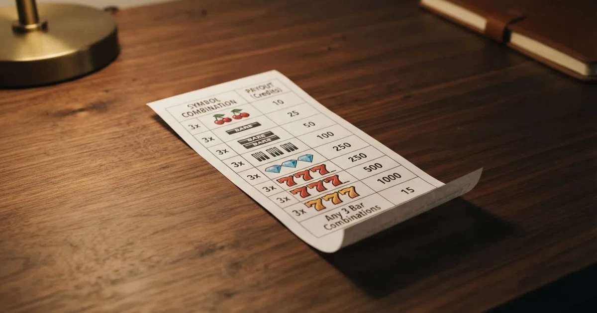 A printed strip of generic slot symbols and payout numbers laid on a desk, like a reference chart rather than a live game.