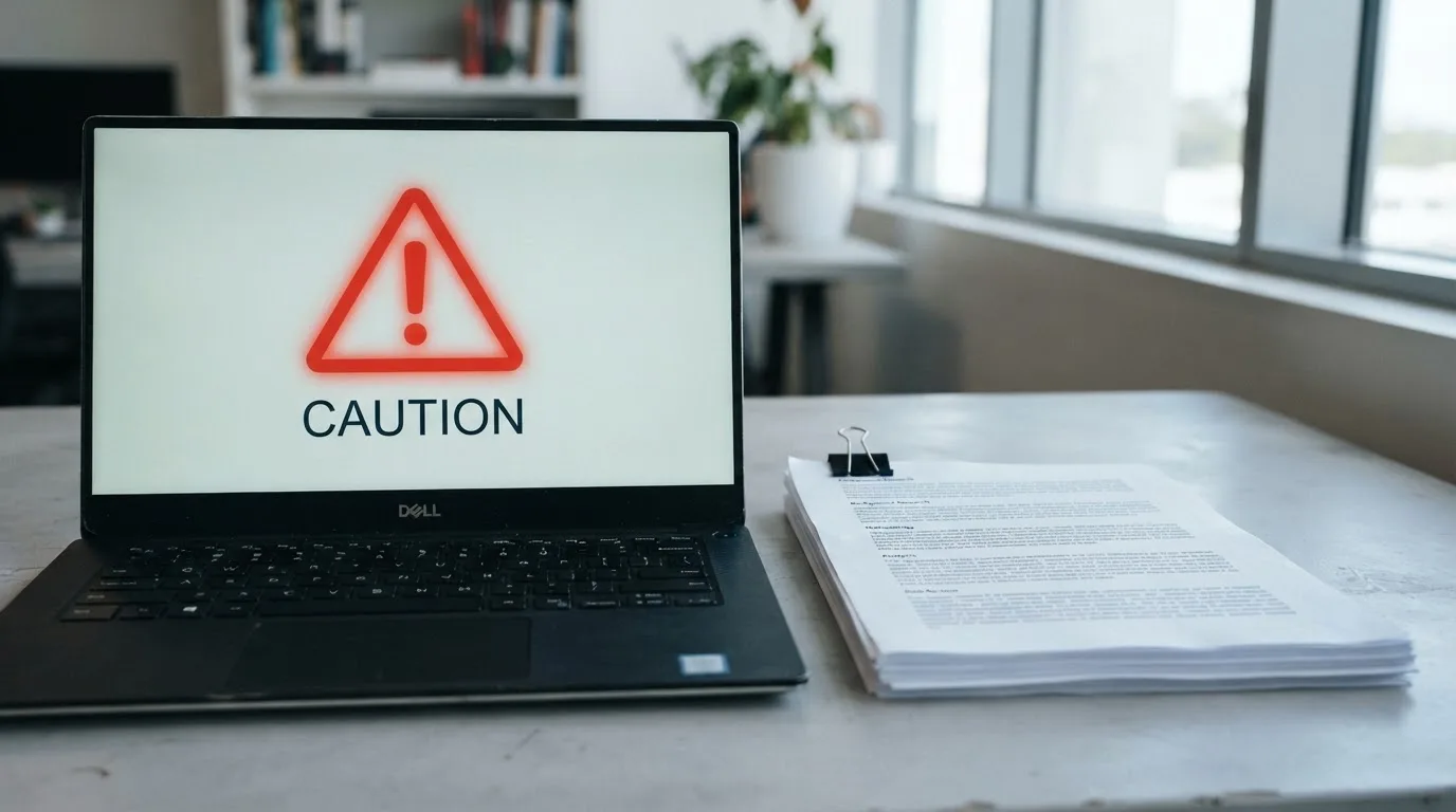 A red triangular warning sign icon on a laptop screen next to a stack of legal papers, symbolising an official caution rather than any specific website.