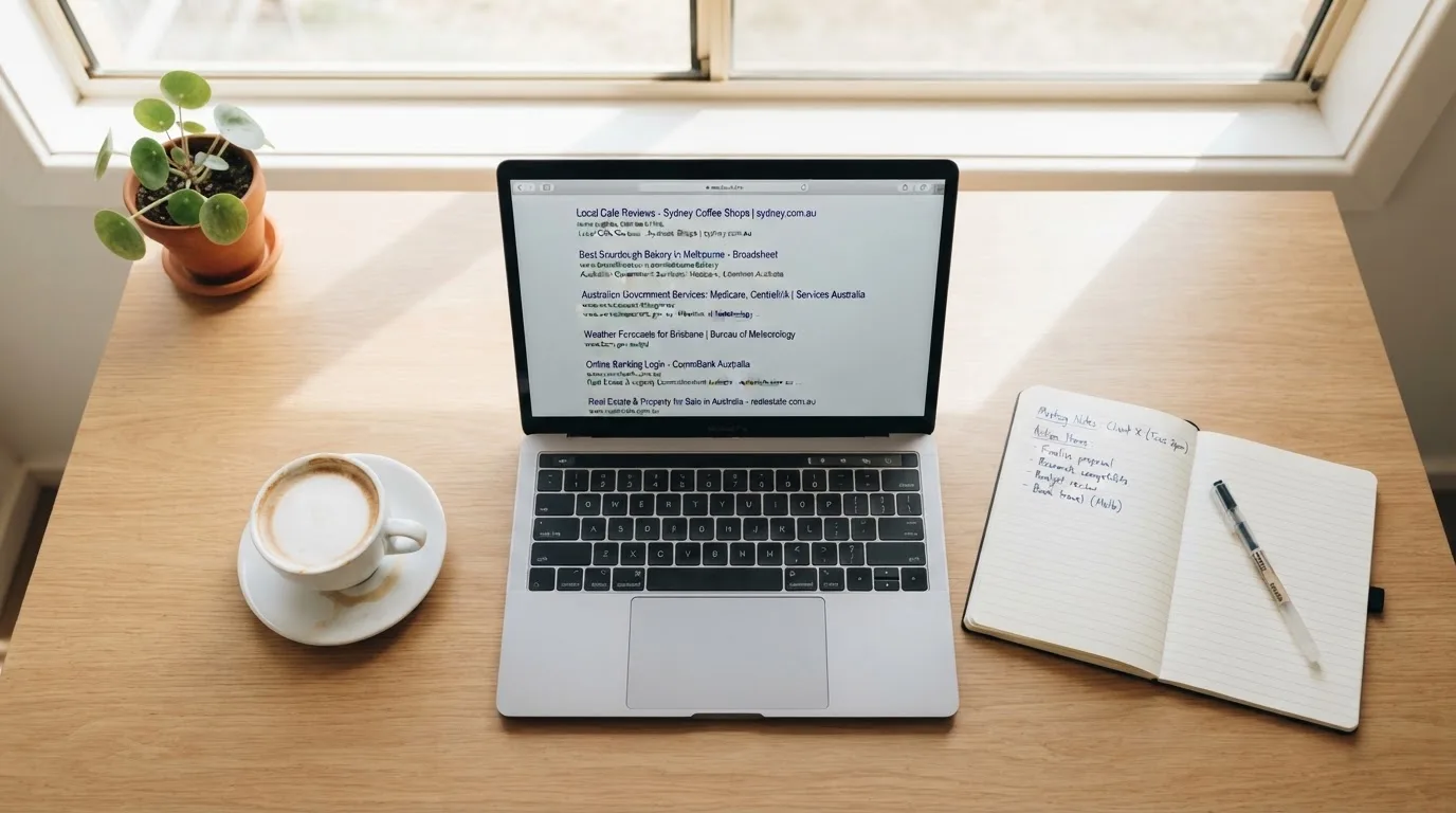 A tidy desk with a laptop open on a plain search-results page, a notebook and a coffee cup beside it, no screens showing any casino branding.