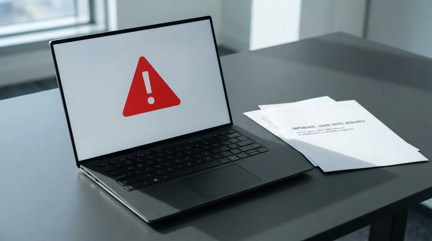A red triangular warning sign icon on a laptop screen next to a stack of legal papers, symbolising an official caution rather than any specific website.