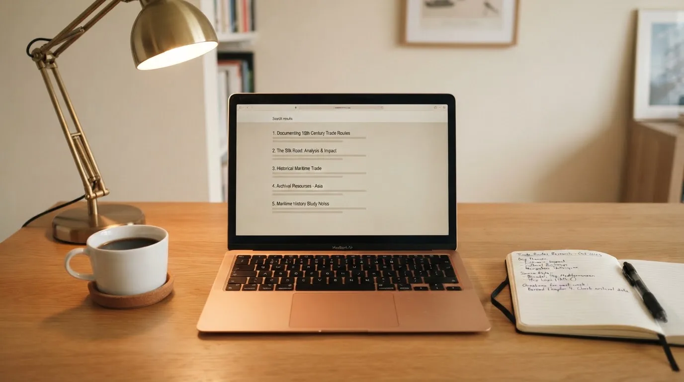A tidy desk with a laptop open on a plain search-results page, a notebook and a coffee cup beside it, no screens showing any casino branding.