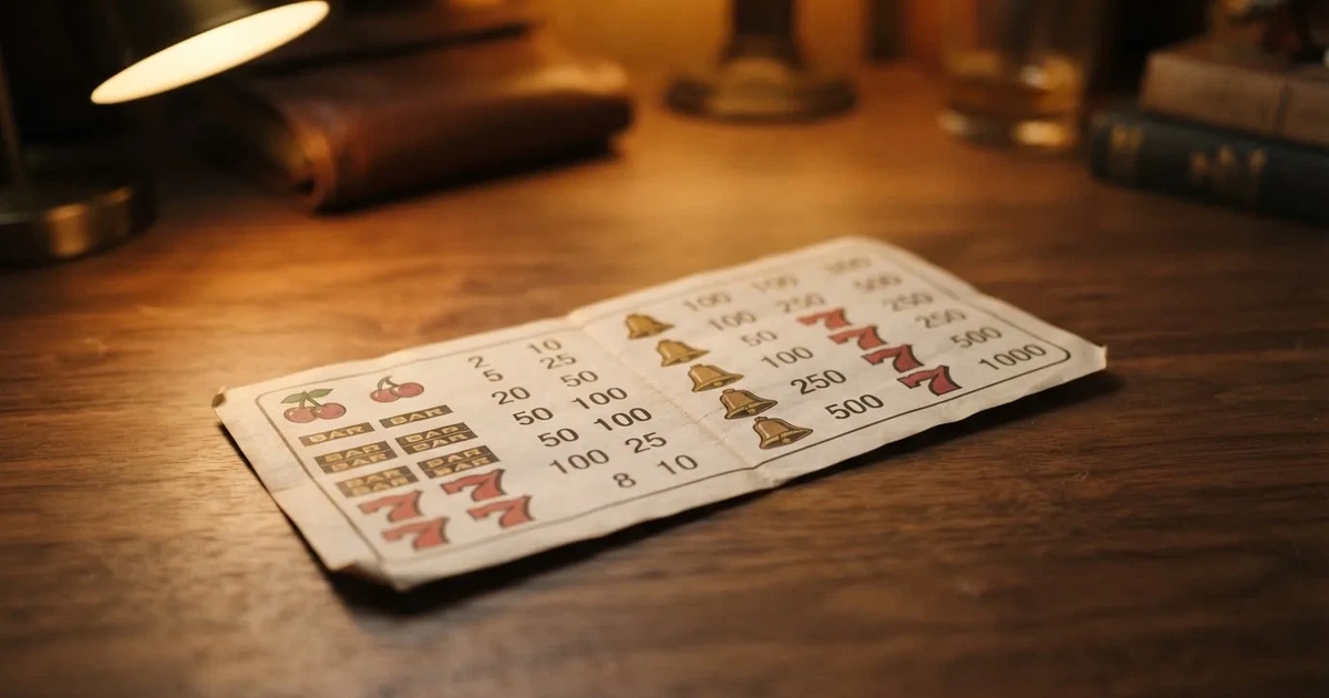 A printed strip of generic slot symbols and payout numbers laid on a desk, like a reference chart rather than a live game.