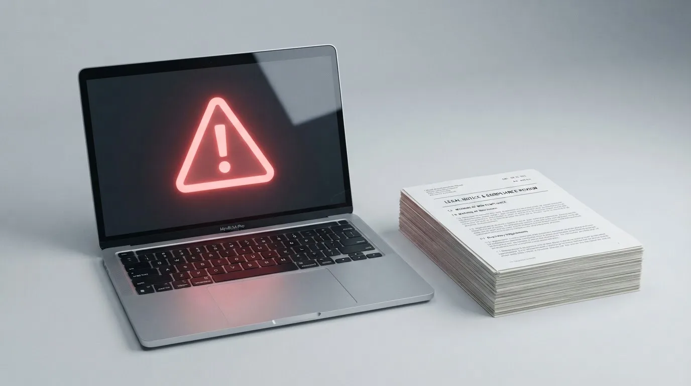 A red triangular warning sign icon on a laptop screen next to a stack of legal papers, symbolising an official caution rather than any specific website.