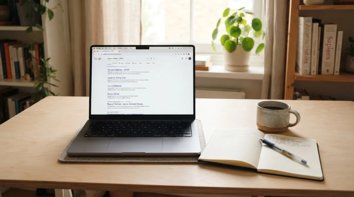 A tidy desk with a laptop open on a plain search-results page, a notebook and a coffee cup beside it, no screens showing any casino branding.