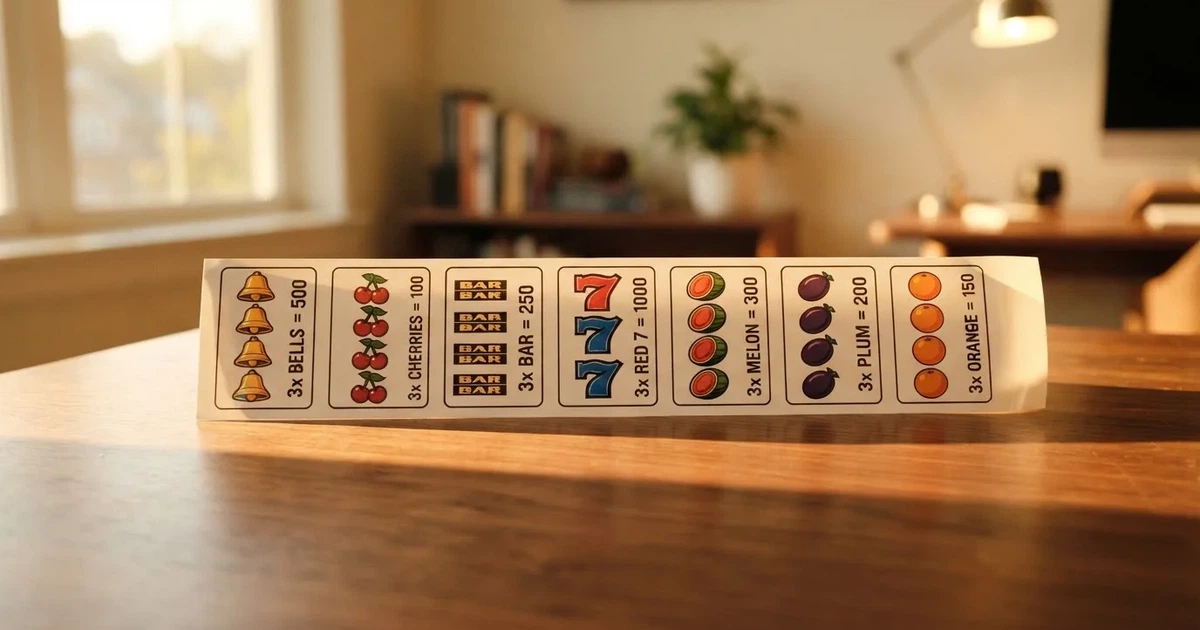 A printed strip of generic slot symbols and payout numbers laid on a desk, like a reference chart rather than a live game.