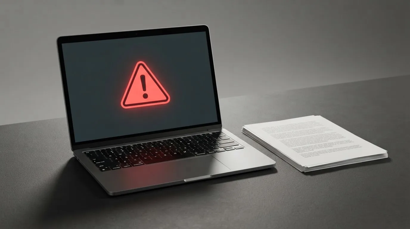 A red triangular warning sign icon on a laptop screen next to a stack of legal papers, symbolising an official caution rather than any specific website.