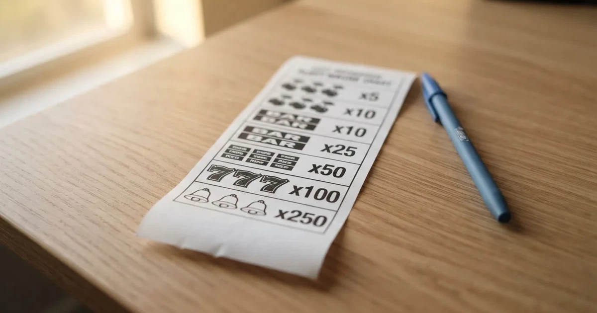 A printed strip of generic slot symbols and payout numbers laid on a desk, like a reference chart rather than a live game.