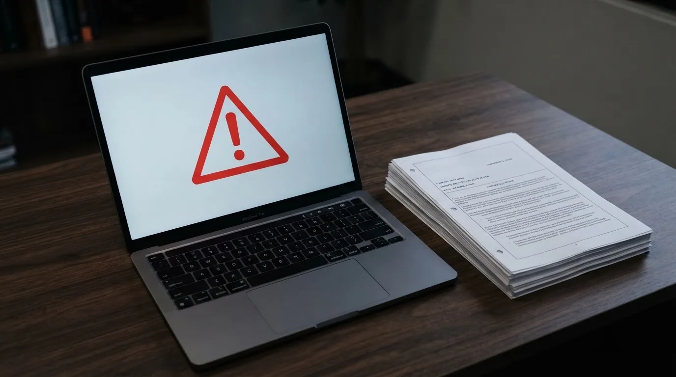 A red triangular warning sign icon on a laptop screen next to a stack of legal papers, symbolising an official caution rather than any specific website.