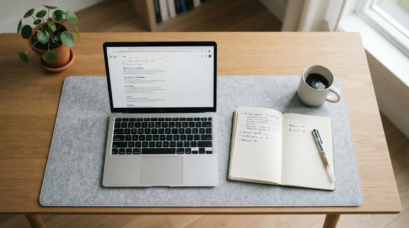 A tidy desk with a laptop open on a plain search-results page, a notebook and a coffee cup beside it, no screens showing any casino branding.