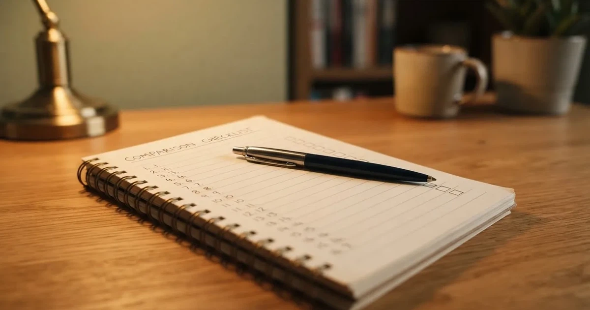 A notepad with a numbered list of blank lines and checkboxes, pen resting on top, suggesting a comparison in progress.