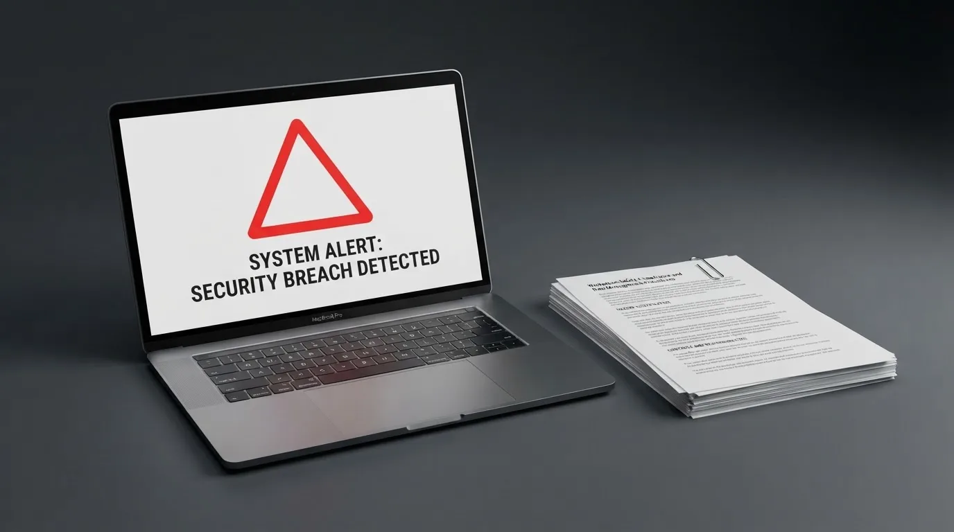 A red triangular warning sign icon on a laptop screen next to a stack of legal papers, symbolising an official caution rather than any specific website.