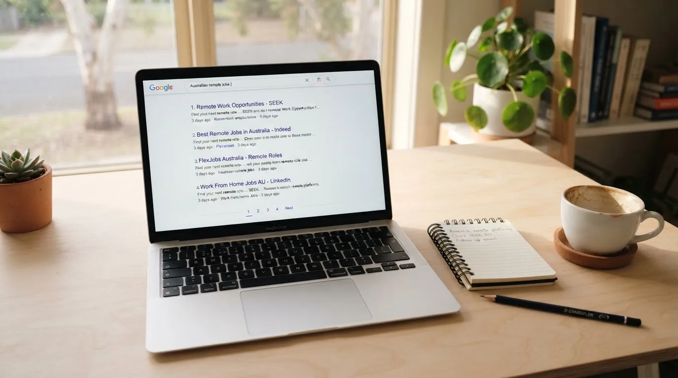 A tidy desk with a laptop open on a plain search-results page, a notebook and a coffee cup beside it, no screens showing any casino branding.