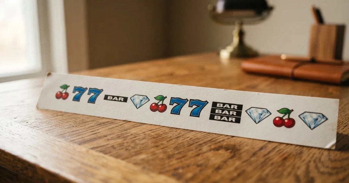 A printed strip of generic slot symbols and payout numbers laid on a desk, like a reference chart rather than a live game.