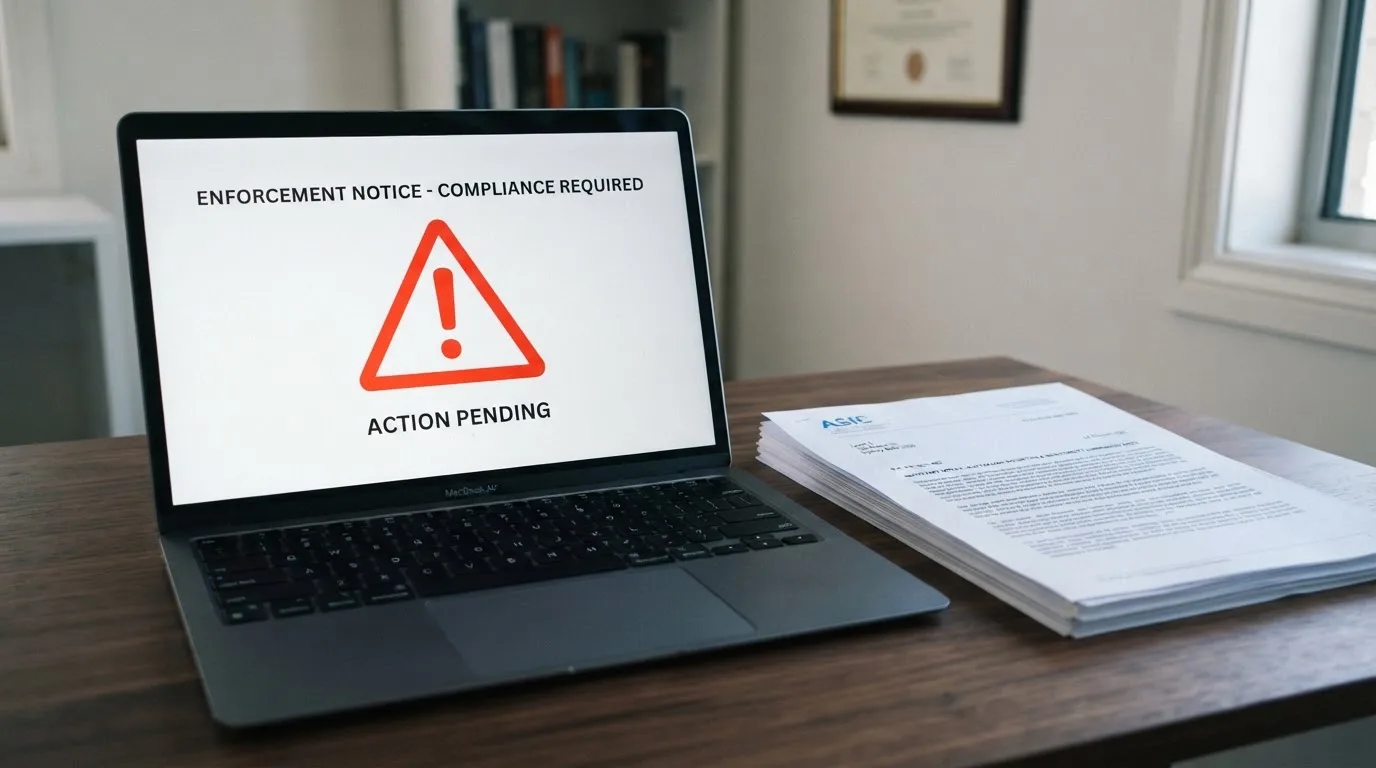 A red triangular warning sign icon on a laptop screen next to a stack of legal papers, symbolising an official caution rather than any specific website.