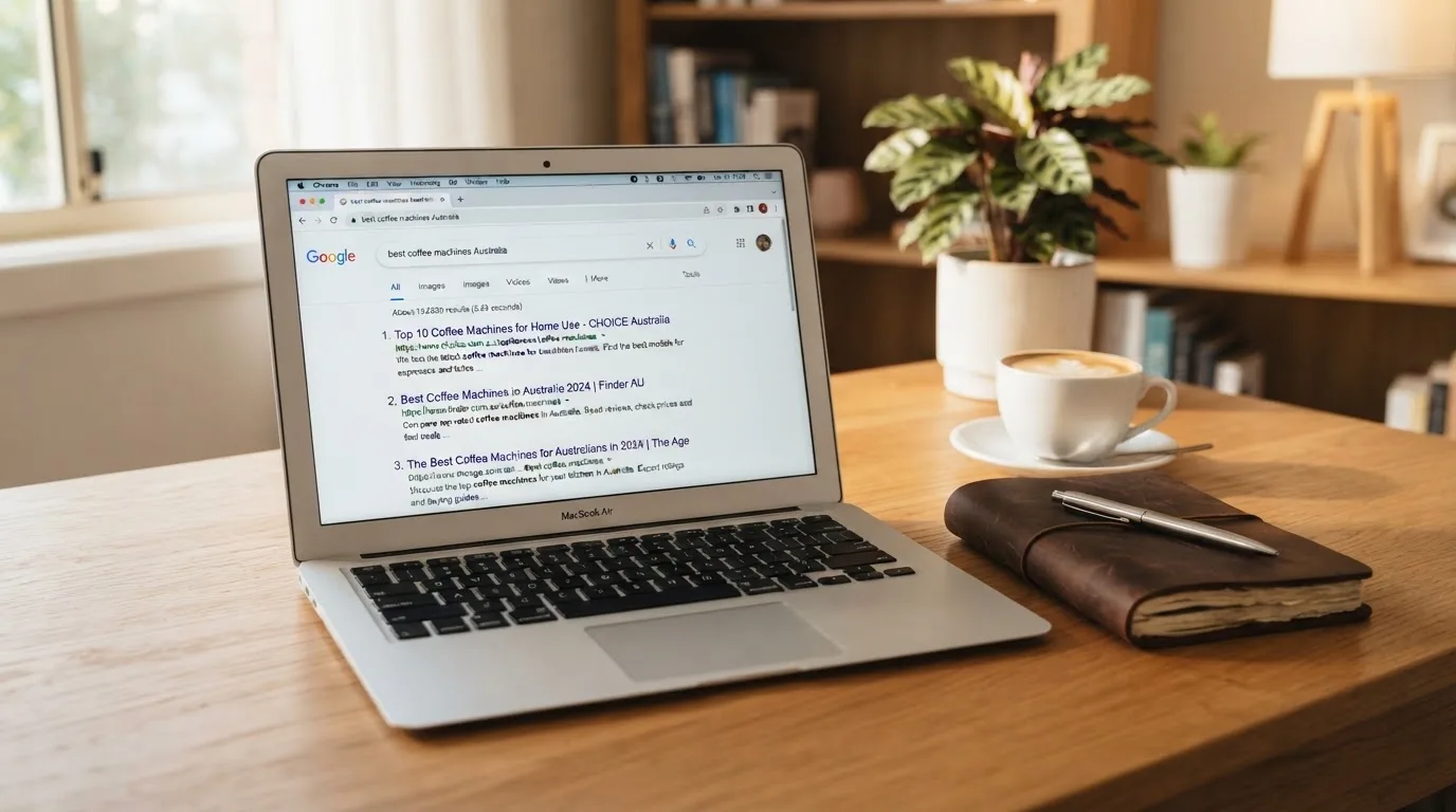 A tidy desk with a laptop open on a plain search-results page, a notebook and a coffee cup beside it, no screens showing any casino branding.