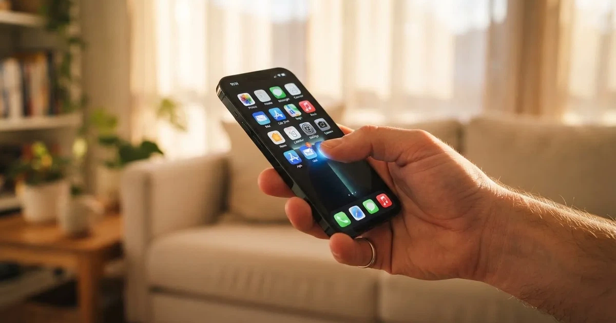 A hand tapping a smartphone screen showing generic app icons, none of them branded.