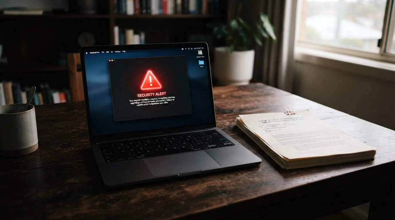 A red triangular warning sign icon on a laptop screen next to a stack of legal papers, symbolising an official caution rather than any specific website.