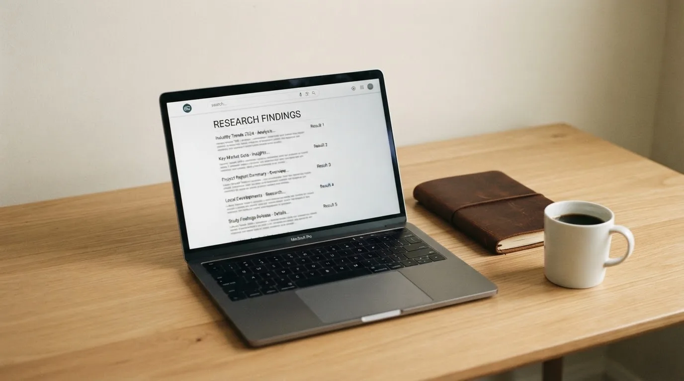 A tidy desk with a laptop open on a plain search-results page, a notebook and a coffee cup beside it, no screens showing any casino branding.