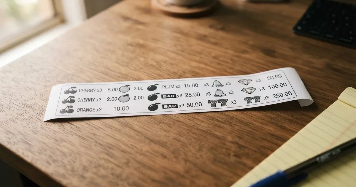 A printed strip of generic slot symbols and payout numbers laid on a desk, like a reference chart rather than a live game.