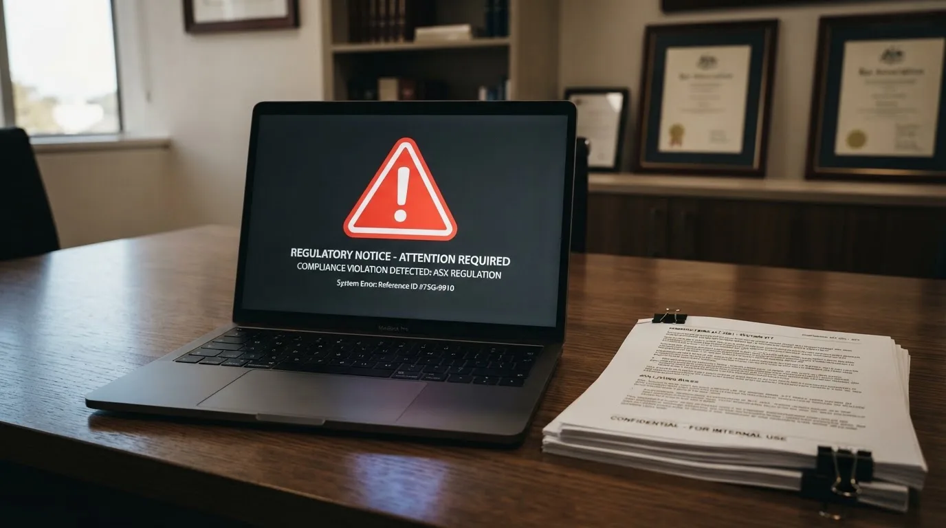 A red triangular warning sign icon on a laptop screen next to a stack of legal papers, symbolising an official caution rather than any specific website.