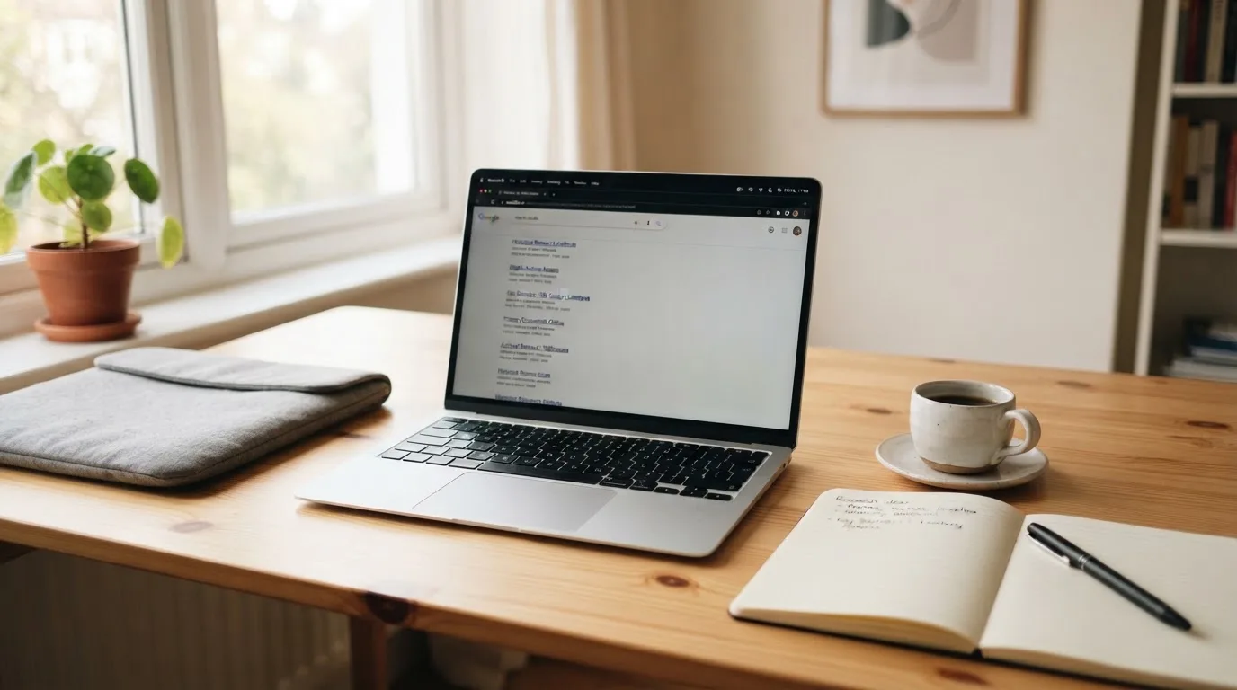 A tidy desk with a laptop open on a plain search-results page, a notebook and a coffee cup beside it, no screens showing any casino branding.