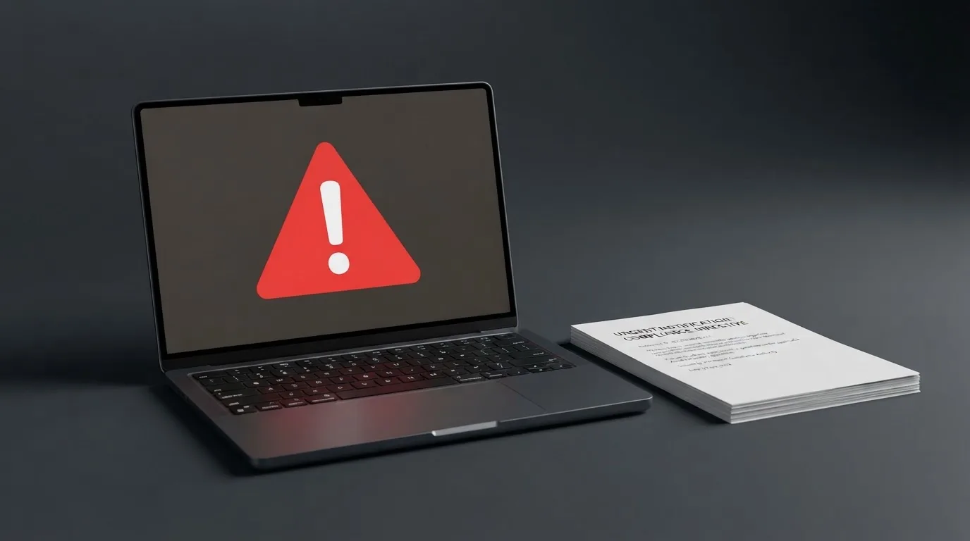 A red triangular warning sign icon on a laptop screen next to a stack of legal papers, symbolising an official caution rather than any specific website.