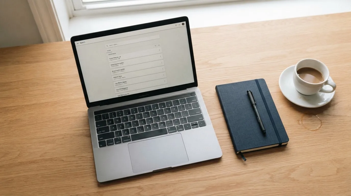 A tidy desk with a laptop open on a plain search-results page, a notebook and a coffee cup beside it, no screens showing any casino branding.