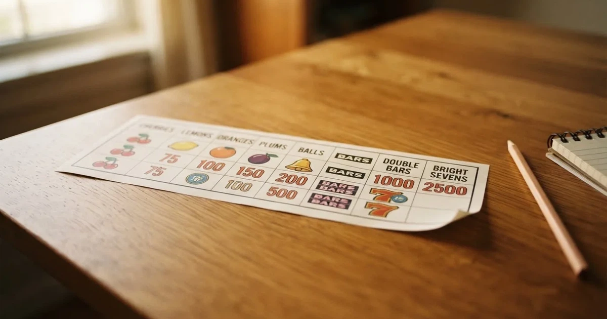 A printed strip of generic slot symbols and payout numbers laid on a desk, like a reference chart rather than a live game.