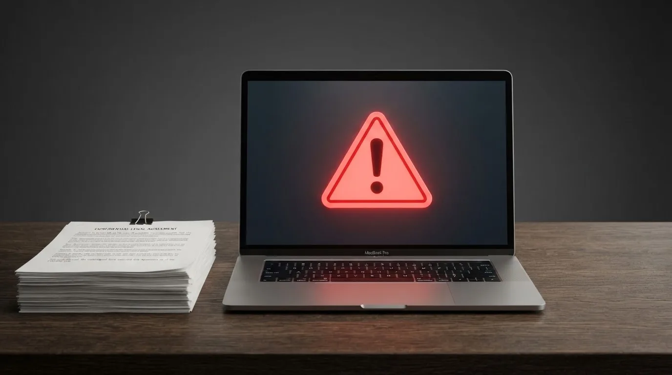 A red triangular warning sign icon on a laptop screen next to a stack of legal papers, symbolising an official caution rather than any specific website.