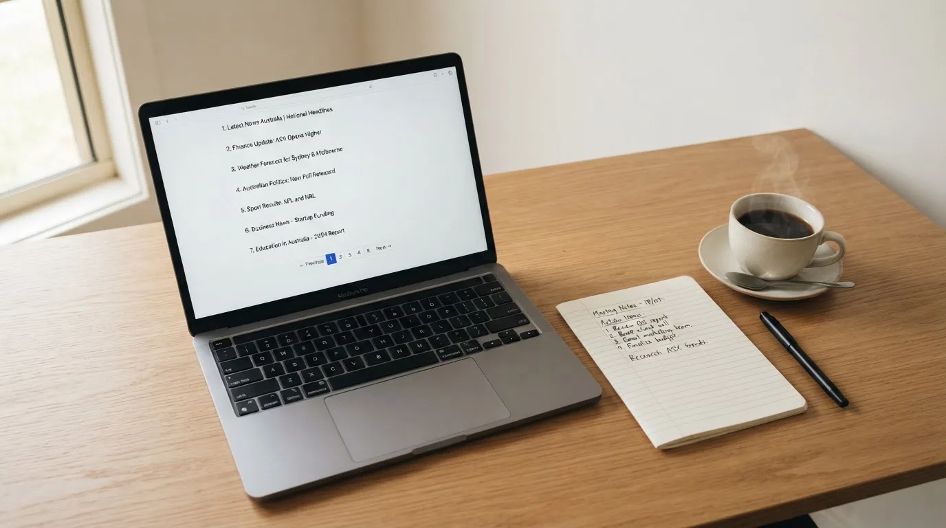 A tidy desk with a laptop open on a plain search-results page, a notebook and a coffee cup beside it, no screens showing any casino branding.