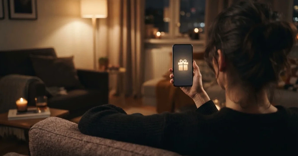 A gift box icon glowing on a phone screen, held at arm's length, suggesting an unopened offer rather than an active game.