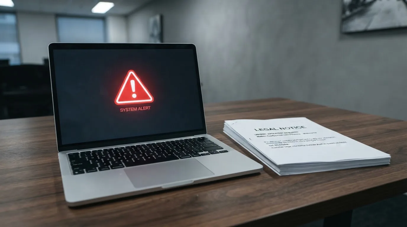 A red triangular warning sign icon on a laptop screen next to a stack of legal papers, symbolising an official caution rather than any specific website.