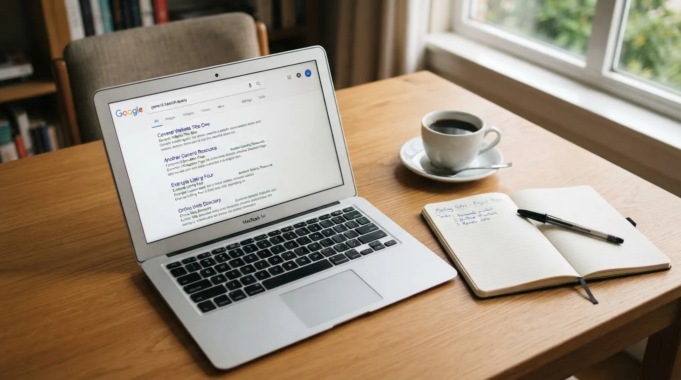 A tidy desk with a laptop open on a plain search-results page, a notebook and a coffee cup beside it, no screens showing any casino branding.