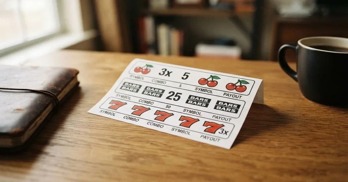 A printed strip of generic slot symbols and payout numbers laid on a desk, like a reference chart rather than a live game.