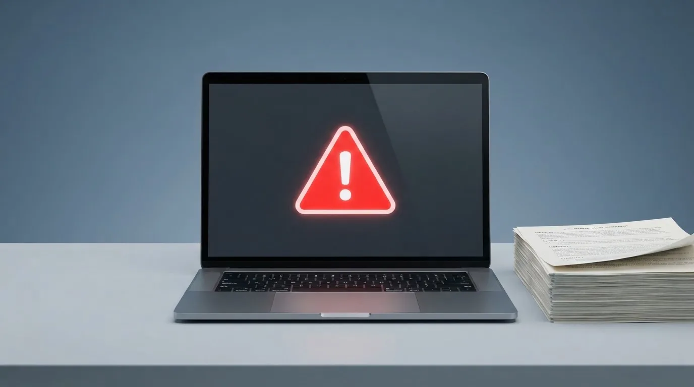 A red triangular warning sign icon on a laptop screen next to a stack of legal papers, symbolising an official caution rather than any specific website.