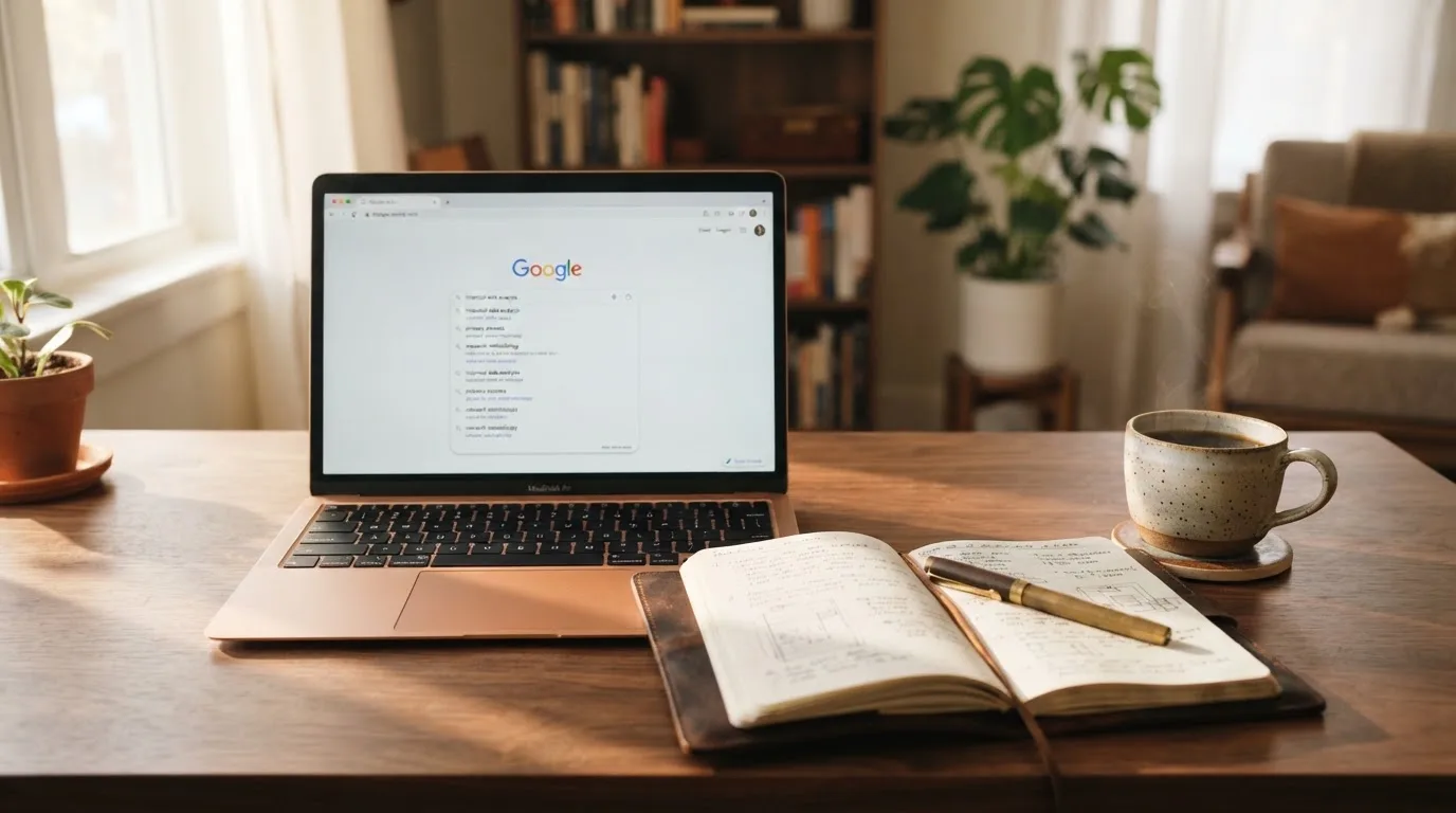 A tidy desk with a laptop open on a plain search-results page, a notebook and a coffee cup beside it, no screens showing any casino branding.