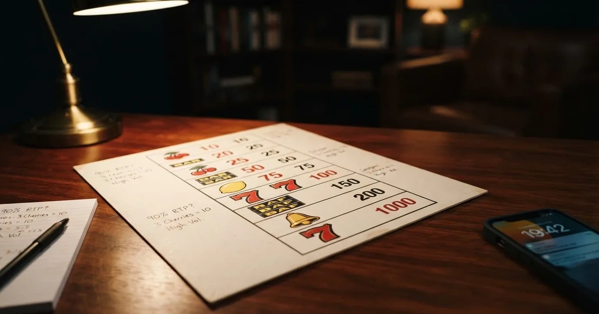 A printed strip of generic slot symbols and payout numbers laid on a desk, like a reference chart rather than a live game.