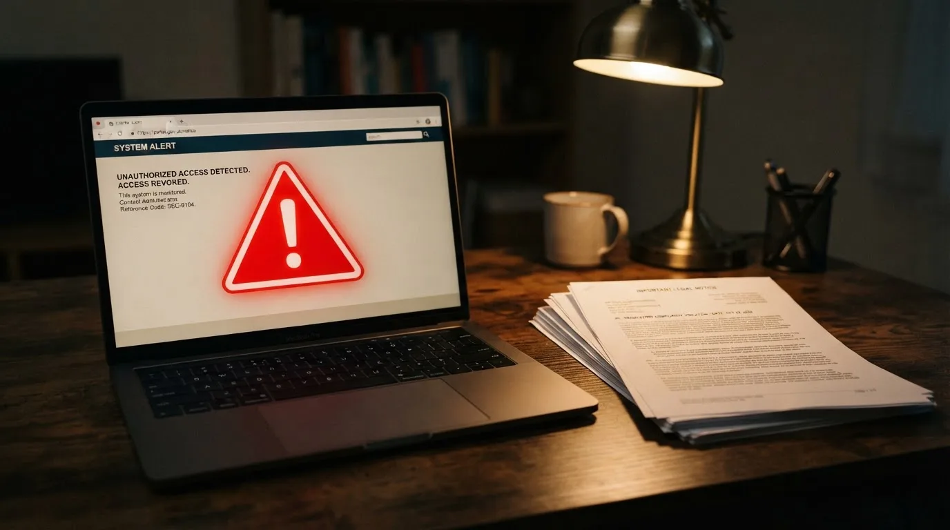 A red triangular warning sign icon on a laptop screen next to a stack of legal papers, symbolising an official caution rather than any specific website.