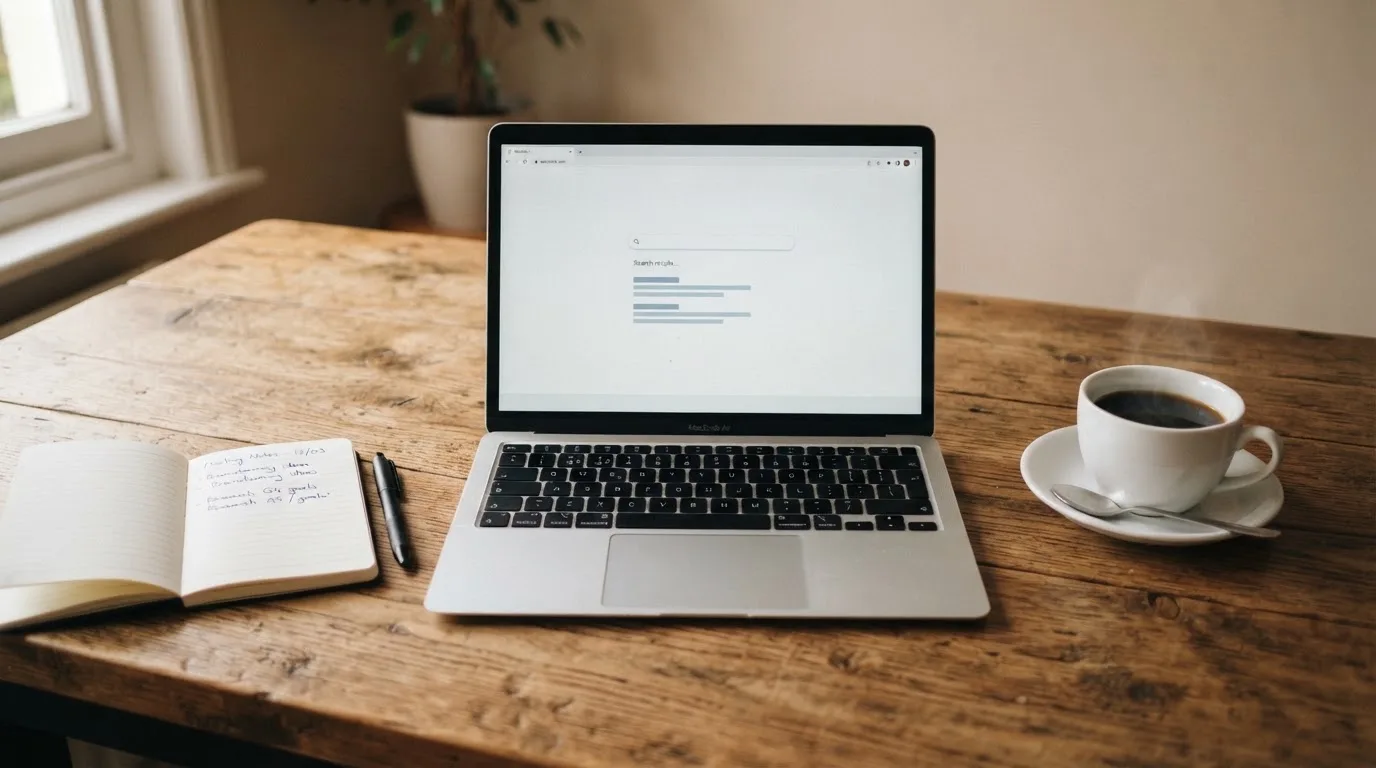 A tidy desk with a laptop open on a plain search-results page, a notebook and a coffee cup beside it, no screens showing any casino branding.