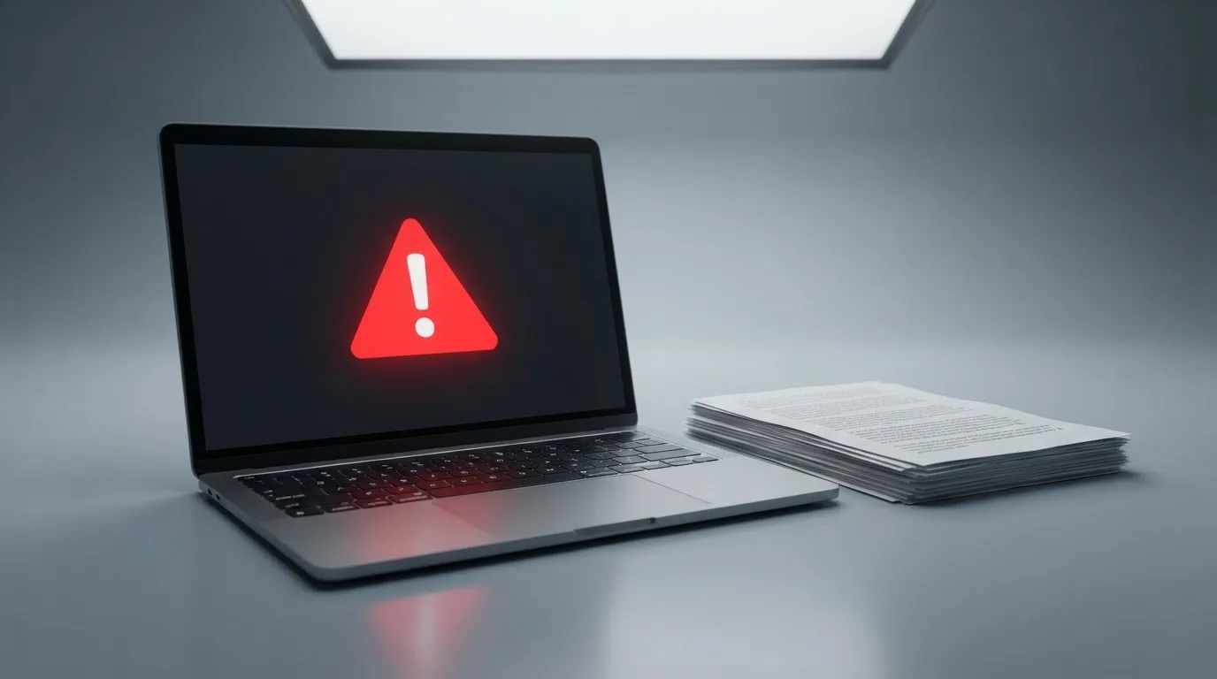 A red triangular warning sign icon on a laptop screen next to a stack of legal papers, symbolising an official caution rather than any specific website.